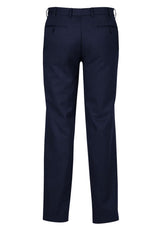 Men's navy flat front pants with a sleek design, stretch waistband, and internal pocket for a comfortable, professional look.