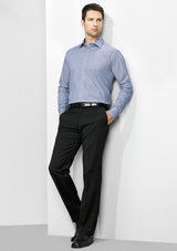 Mens Navy Flat Front Pants from Biz Collection featuring stretch waistband, internal pocket, and a sleek design for comfort.