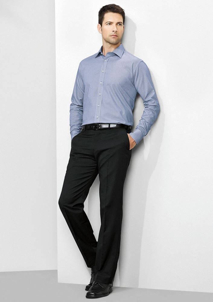 Men's navy flat front pants with a slim fit, featuring stretch waistband and internal security pocket for comfort and style.