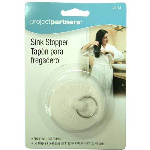 Small white rubber sink stopper with stainless steel ring, fits drain outlets 1"-1-3/8" for effective water sealing.