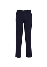 Men's navy slimline pants with flat front, tapered leg, made of 92% polyester and 8% bamboo charcoal for comfort and style.