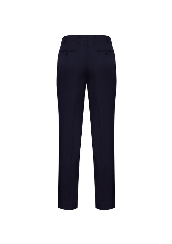Men's navy slimline pants with tapered leg and flat front, crafted from polyester and bamboo charcoal for comfort and style.
