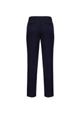 Men's navy slimline pants with tapered leg and flat front, crafted from polyester and bamboo charcoal for comfort and style.