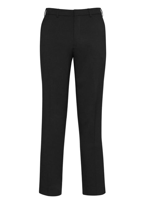 Men's black adjustable waist pants with hidden elastic, mid-rise fit, and deep pockets, ideal for comfort and style.