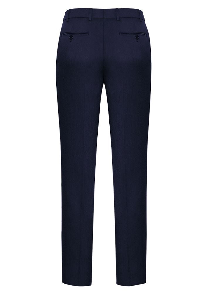 Men's navy adjustable waist pants featuring a hidden elastic waistband, breathable fabric, and deep side pockets for comfort and style.