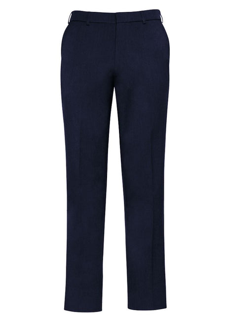 Men's navy adjustable waist pants with hidden elastic, mid-rise fit, and deep side pockets for everyday comfort and style.