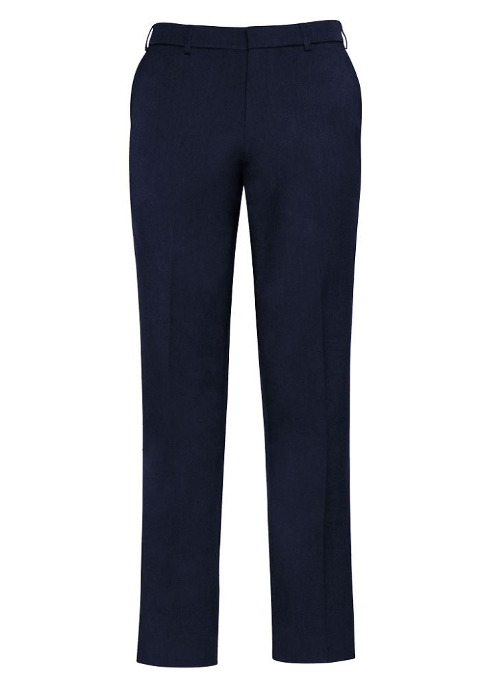 Men's navy adjustable waist pants with hidden elastic, moisture-wicking fabric, deep pockets, and a professional mid-rise fit.