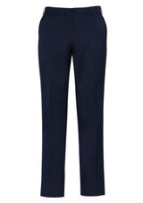 Men's navy adjustable waist pants with hidden elastic, moisture-wicking fabric, deep pockets, and a professional mid-rise fit.