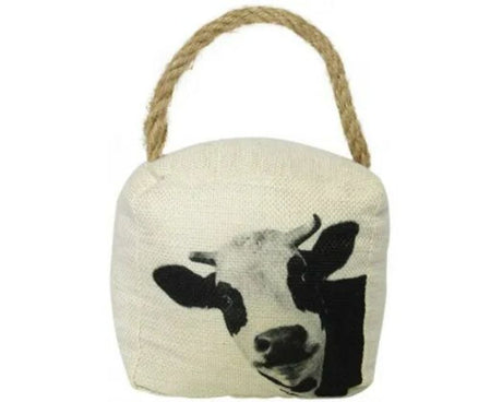 Cow-themed doorstop with rope handle, 15cm tall, durable woven fabric, adds rustic charm to any room.