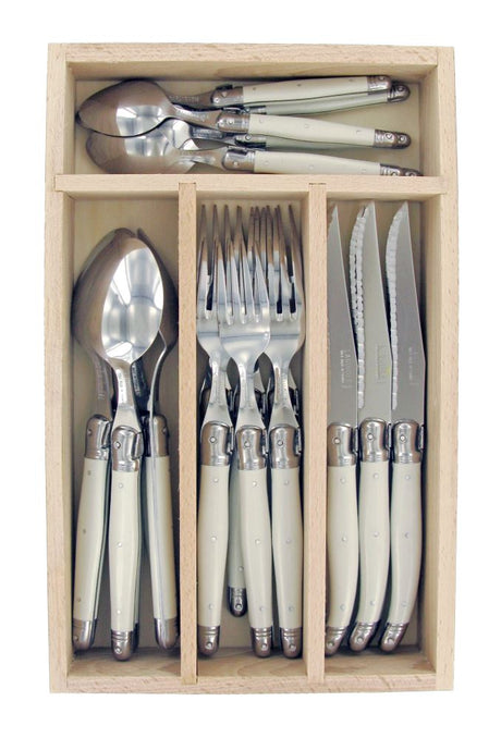 Elegant 24-piece white cutlery set by Andre Verdier Laguiole, featuring stainless steel blades and vibrant resin handles.