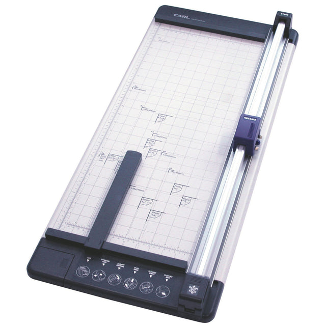 Carl Trimmer A2 DC250 cutting tool, capable of slicing through 20 sheets with a 653mm length, including spare blades and magnetic guide.