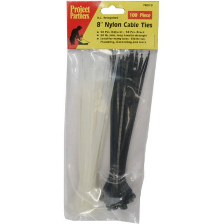 Nylon cable ties 7" pack of 100, featuring 22kg strength, perfect for organizing and bundling in various environments.