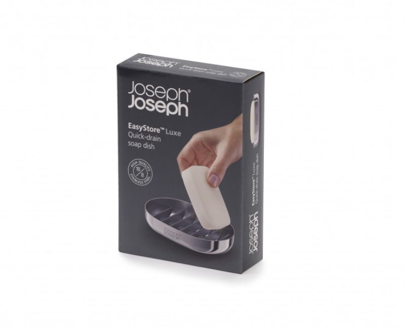 Joseph Joseph EasyStore Luxe Soap Dish in polished stainless steel with a draining rack for efficient soap drying and easy cleaning.