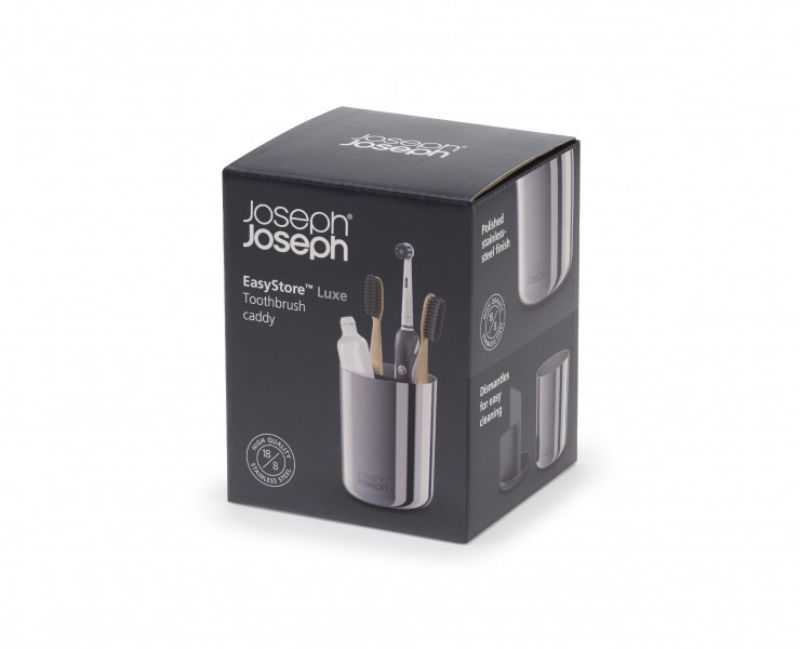 Joseph Joseph EasyStore Luxe Toothbrush Caddy in polished stainless steel, featuring a divider for organized oral care storage.