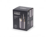 Joseph Joseph EasyStore Luxe Toothbrush Caddy in polished stainless steel, featuring a divider for organized oral care storage.