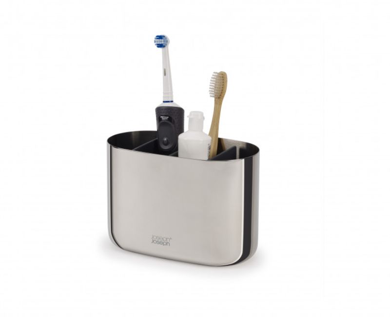 Stylish stainless steel toothbrush caddy with divider, perfect for organized bathroom storage of dental essentials.