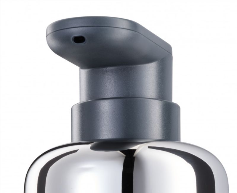 Sleek stainless steel soap pump with easy-push head, non-slip base, and translucent window for quick refill checks.