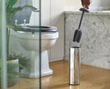 Sleek stainless steel toilet brush with flexible triple-action head for hygienic, efficient cleaning in hard-to-reach areas.