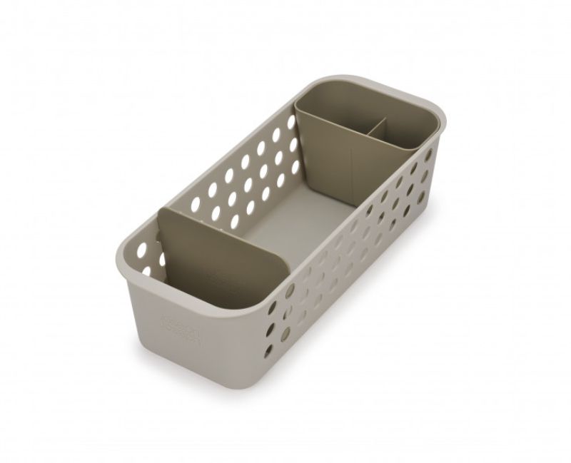 Compact bathroom storage basket with ventilated sides, customizable pot and divider, ideal for organizing grooming essentials.