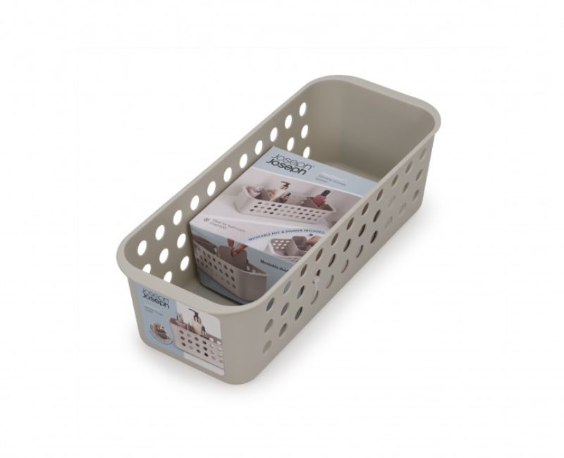 Compact bathroom storage basket with ventilated sides, moveable pot, and divider for customizable organization.