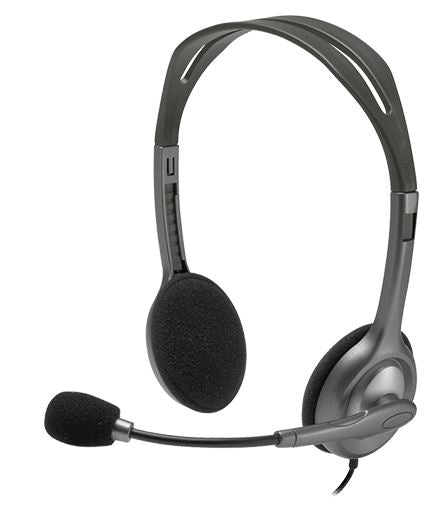 Logitech H110 Stereo Headset with noise-cancelling mic, adjustable fit, ideal for gaming, calls, and music enjoyment.