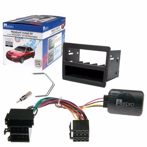 Black facia install kit for Holden VY/VZ, includes pocket, steering wheel harness, and removal keys for easy head unit upgrade.