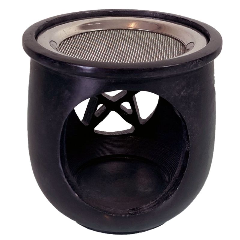Handcrafted black soapstone resin burner featuring a triple moon and pentacle design, ideal for incense rituals and decoration.