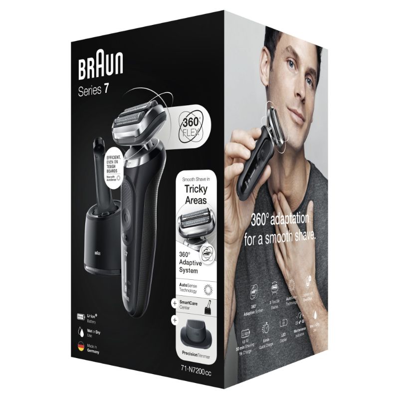 Braun Shaver 71-N7200cc in black, featuring 4in1 SmartCare Center, AutoSense tech, and precision trimmer for effortless grooming.