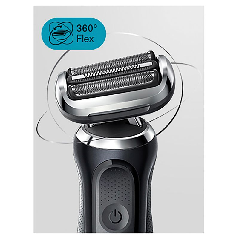 Braun electric shaver in black with 4in1 SmartCare Center, offers precision grooming and AutoSense technology for all beard types.