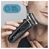 Braun 4in1 SmartCare Center shaver, sleek black design, precision trimming, Wet & Dry use, AutoSense technology for efficient shaving.