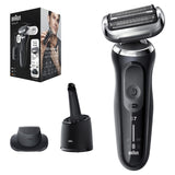 Braun shaver with 4in1 SmartCare Center in black, featuring AutoSense, precision trimmer, and 100% waterproof design.