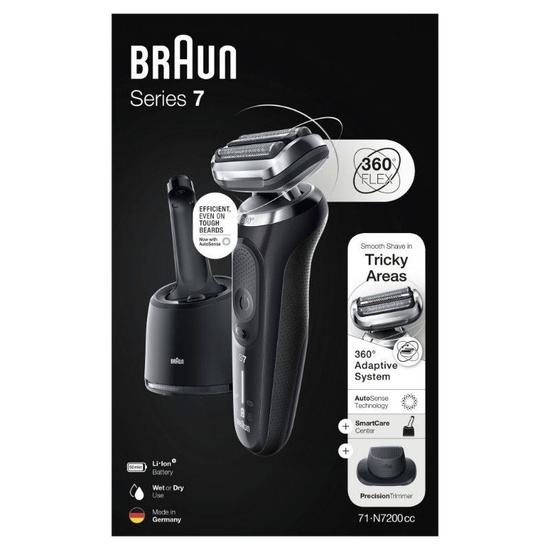 Braun electric shaver 71-N7200cc with 4in1 SmartCare Center, precision trimmer, and waterproof design for effortless grooming.