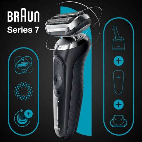 Braun 71-N7200cc black electric shaver with 4in1 SmartCare Center for wet/dry grooming and precision trim capabilities.