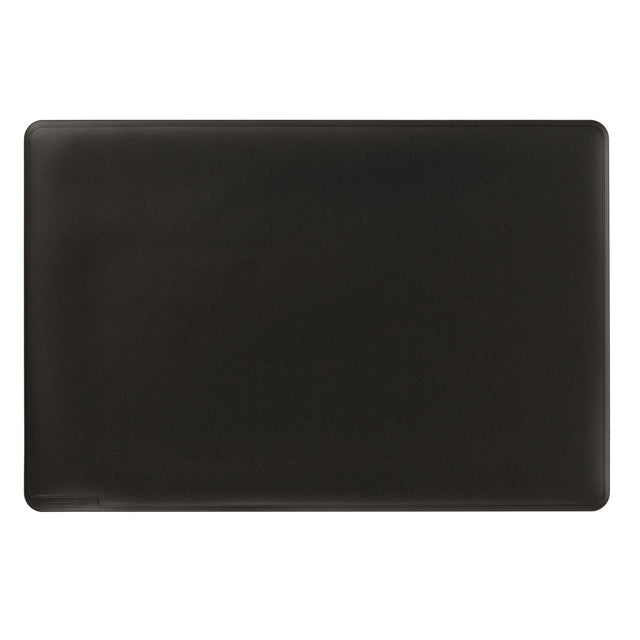 Durable black desk mat with contoured edges, non-slip surface, designed for stability and style in any workspace.