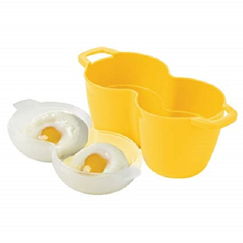 Microwave egg cooker for perfectly poached eggs with cool-touch handles and easy water pouring spouts.