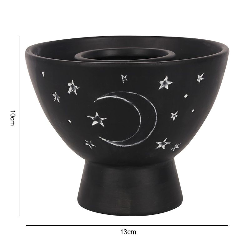 Black terracotta smudge bowl featuring a crescent moon and stars design, perfect for burning herbs or smudge sticks.