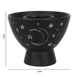 Black terracotta smudge bowl featuring a crescent moon and stars design, perfect for burning herbs or smudge sticks.
