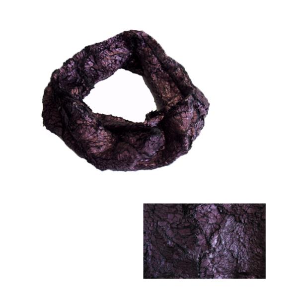 Metallic purple and black snood, soft velvet feel, 42 cm x 20 cm, offers warmth and bold style for versatile winter outfits.