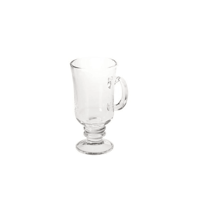 Set of 2 elegant 250ml Avanti Irish coffee glasses with curvy shape, sturdy handles, and durable, microwave-safe design.