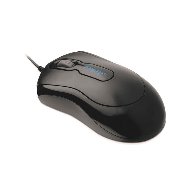 Kensington wired optical mouse with ergonomic shape, scroll wheel, USB plug-and-play for PC and Mac compatibility.