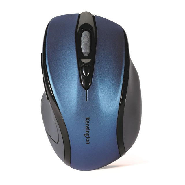 Kensington Pro Fit Wireless Mid Size Mouse in blue, ergonomic design, compact for travel, features a scroll wheel and wireless connectivity.