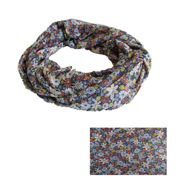 Vibrant multi-colour flower snood in blue, yellow, and red, crafted from soft polyester for stylish versatility.