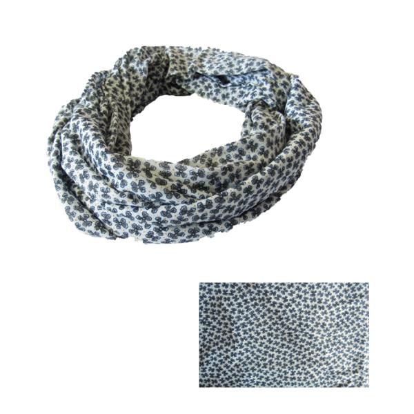 Elegant blue flower snood on a white background, crafted from soft polyester, perfect for versatile styling all year round.