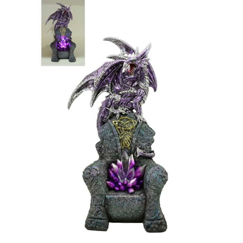 A hand-painted dragon on a throne with glowing purple LED crystals, perfect for gothic decor and fantasy enthusiasts.