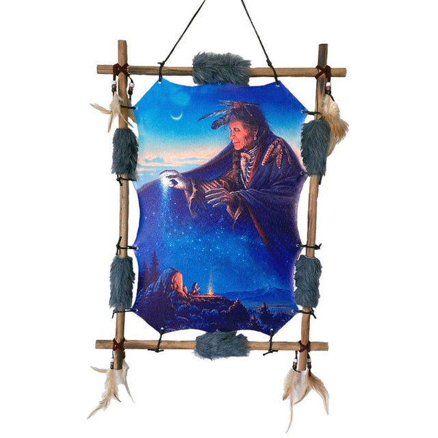 Dreamcatcher Indian Chief Rectangle with bamboo frame, faux fur edges, and feathers; enhances decor and filters negative dreams.