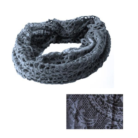 Luxurious grey/charcoal snood with reversible macrame and snake print, perfect for stylish winter layering.