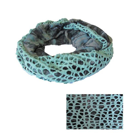 Aqua and grey reversible snood featuring macrame and tie-dye designs, perfect for warmth and style in winter.