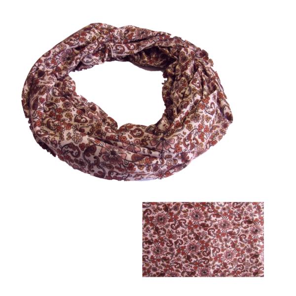 Floral Coffee Snood in warm hues with pink accents, versatile 100% polyester accessory for stylish everyday wear.