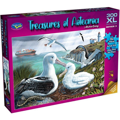 Holdson 300XL puzzle featuring stunning Albatross Rookery art by Ned Barraud, showcasing New Zealand's native bird life.