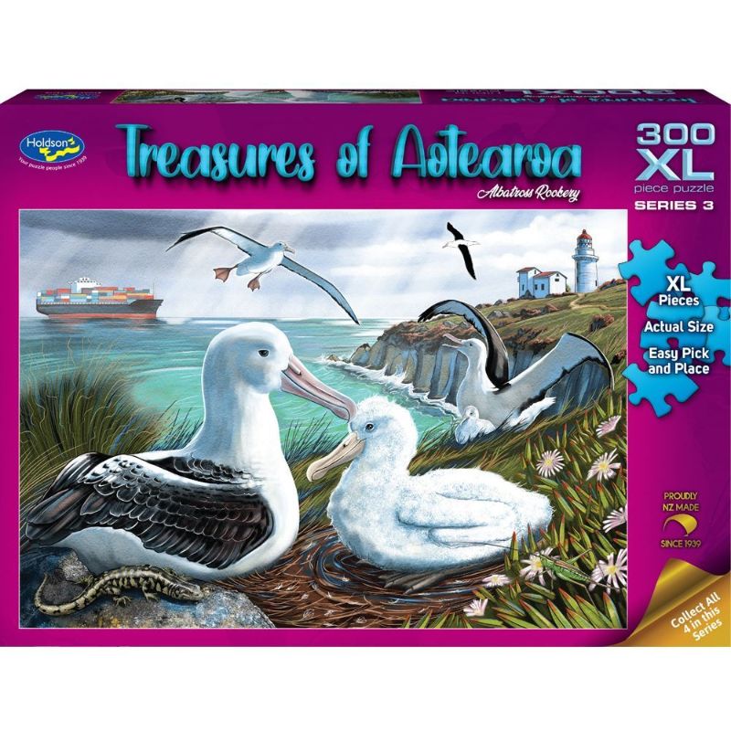 Colorful jigsaw puzzle featuring New Zealand's iconic birds, including the majestic Albatross, designed by artist Ned Barraud.